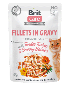 Brit Care Cat Pouches Fillets in Gravy with Tender Turkey & Savory Salmon Enriched with Sea Buckthorn and Nasturtium 85g