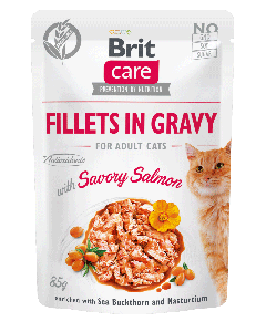 Brit Care Cat Pouches Fillets in Gravy with Savory Salmon Enriched with Sea Buckthorn and Nasturtium 85g 