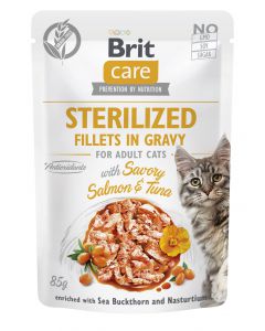 Brit Care Cat Sterilized Fillets in Gravy with Savory Salmon&Tuna Enriched with Sea Buckthorn and Nasturtium